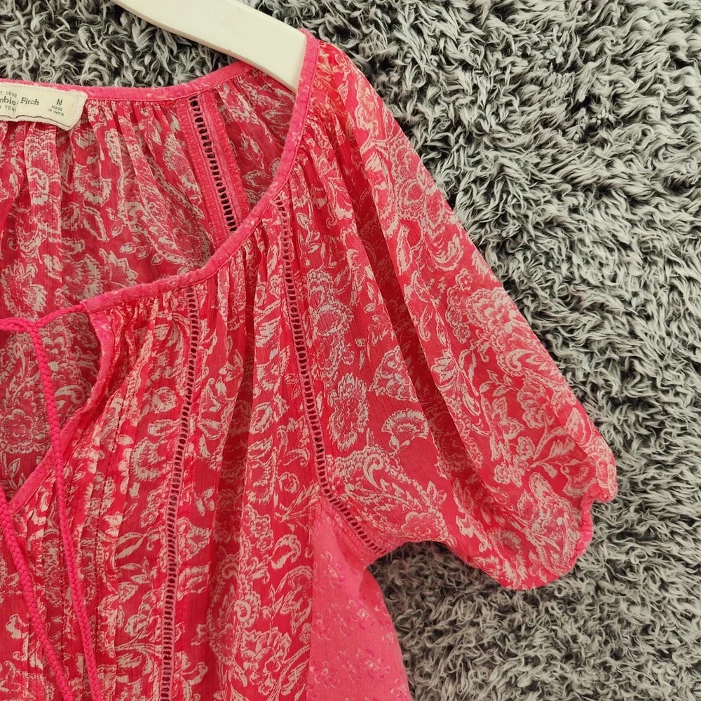 Abercrombie & Fitch Womens Boho Cottagecore Blouse M Pink Floral Peasant Top